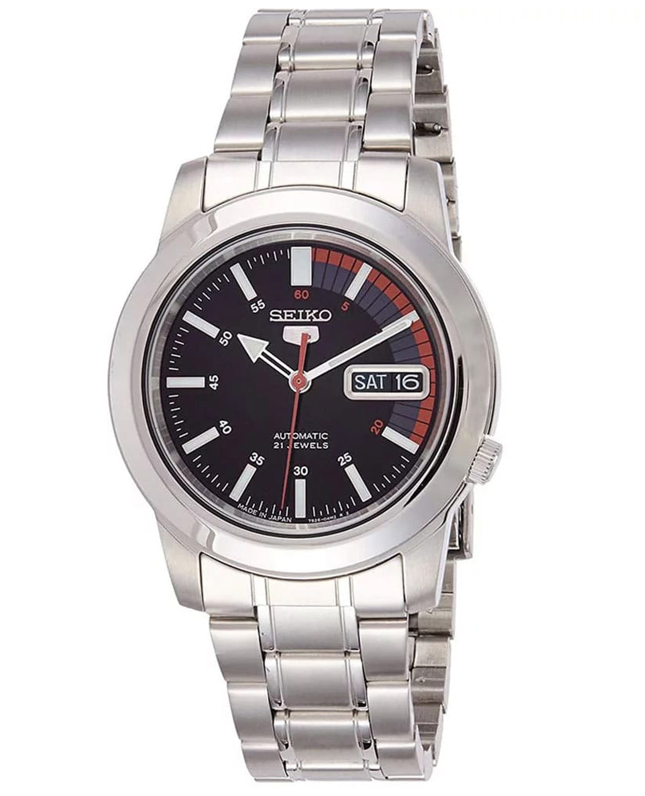 Seiko Seiko 5 Regular SNKK31J1  SNKK31J1 механические мужские часы черный циферблат, браслет нержавеющая сталь — вид спереди